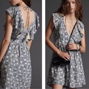 Anthropologie V-Neck Plunge Tunic Mini Dress Pockets Ditsy Floral Small